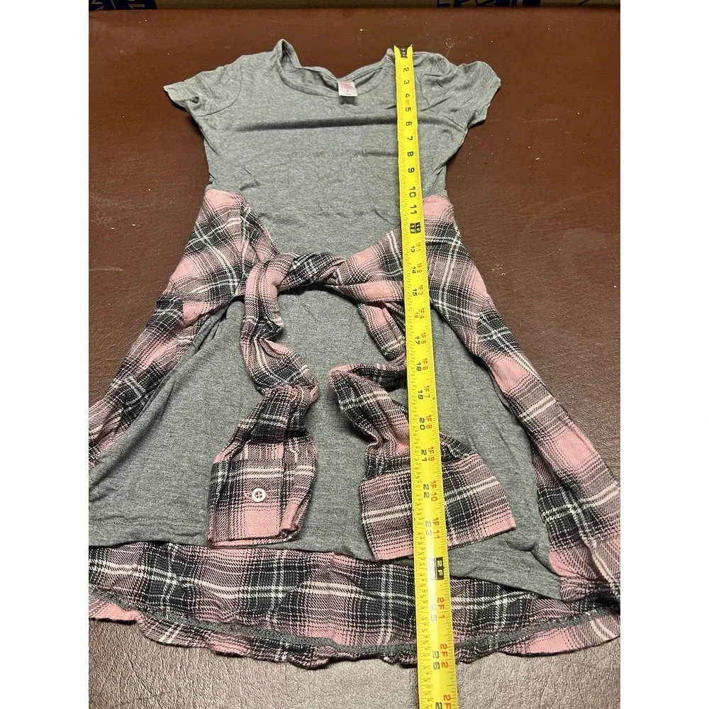 Justice Grey w/ Faux Pink Black‎ Flannel Shirt Tie Dress Sz. 7
